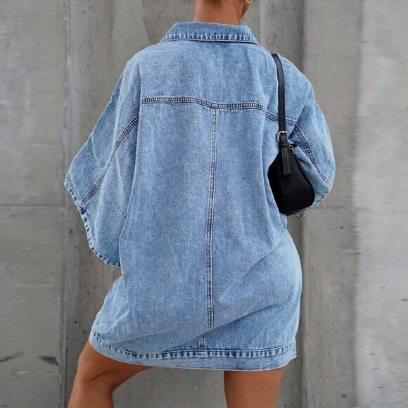 Blue Casual Women's button front mini Denim Dress - Picture 2 of 6